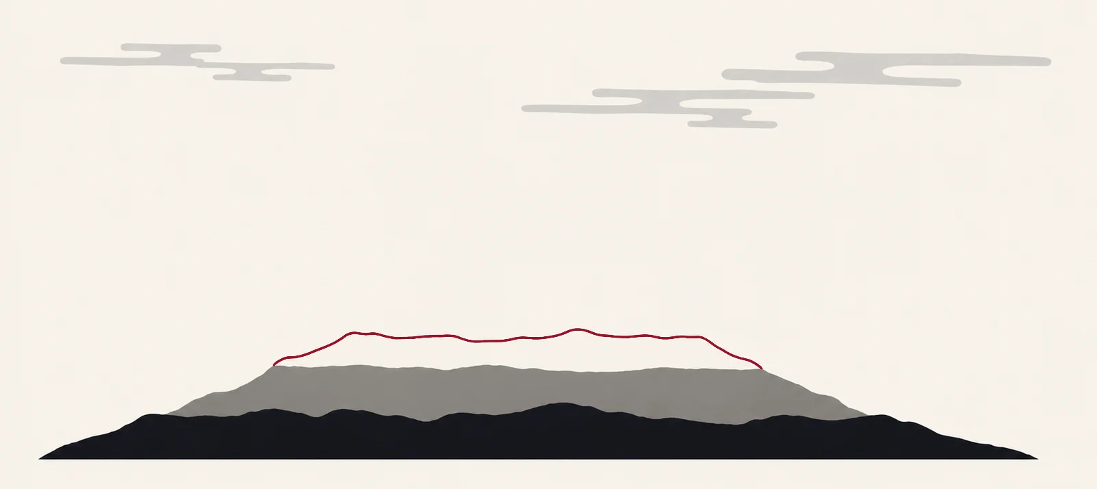 A wide mountain of stacked strata; the newest top layer is drawn only as a crimson contour line.