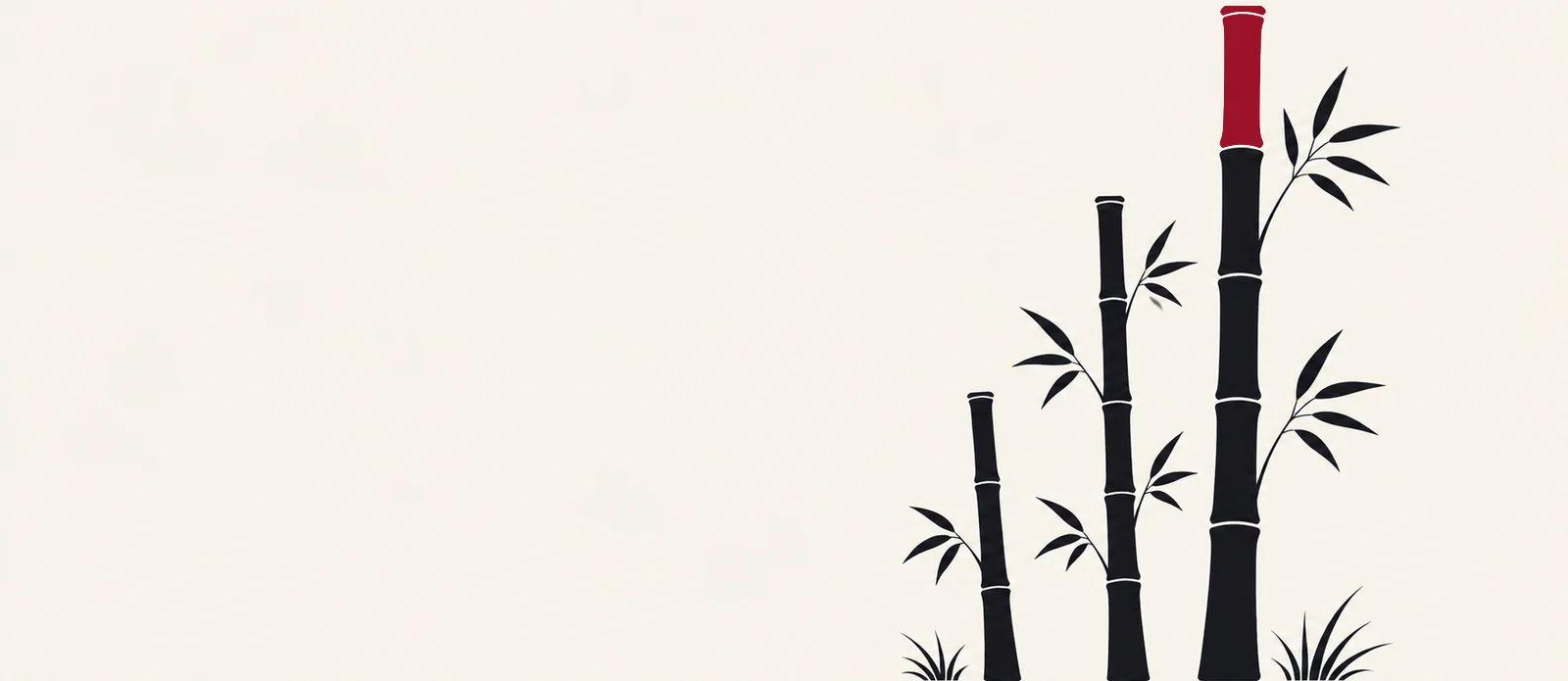 Three bamboo stalks of different heights; the newest top segment of the tallest is crimson.